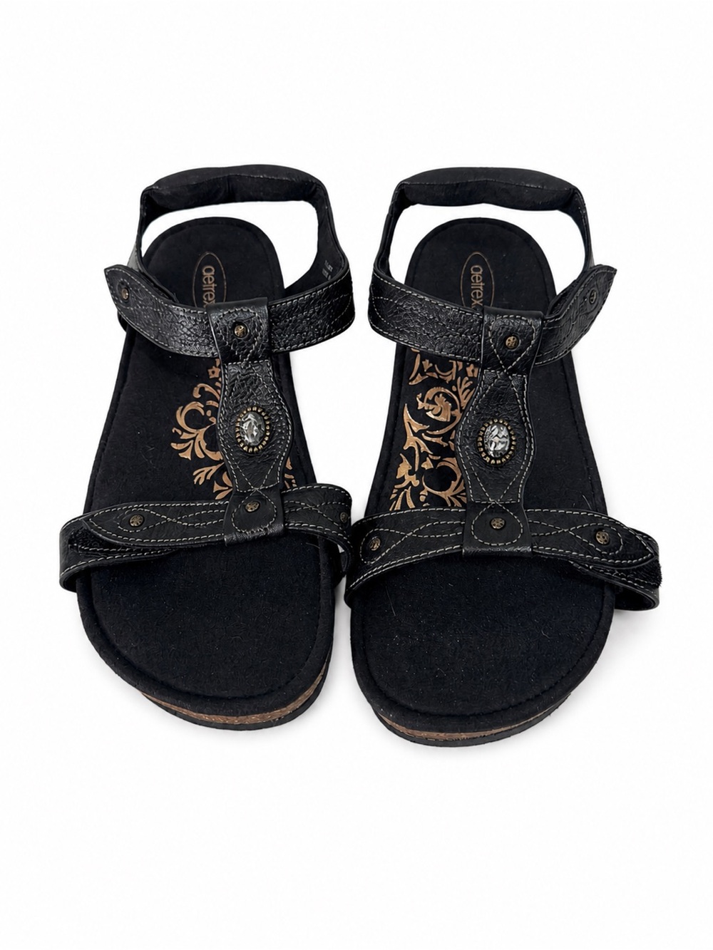 Aetrex Lori Adjustable Orthotic Sandals Black Leather Size 8 Comfort